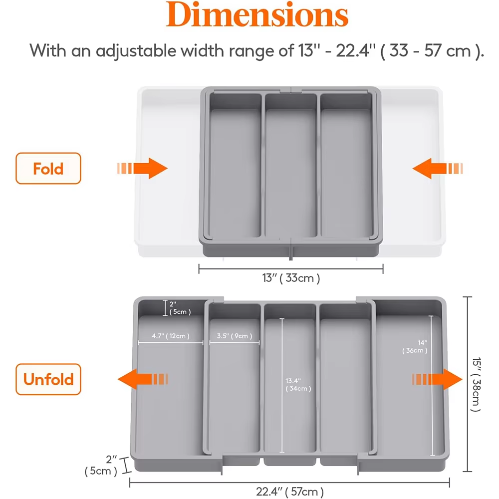 Organizador de utensilios expandible para cajones de cocina, organizador de cajones de cubiertos grande, divisor, bandeja de utensilios de cocina ajustable: Gris claro