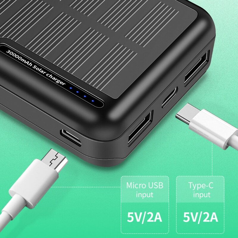 30000mAh Portable Solar Power Bank External Battery Micro C Port Backup Power Supply For Smart Phone Digital Devices