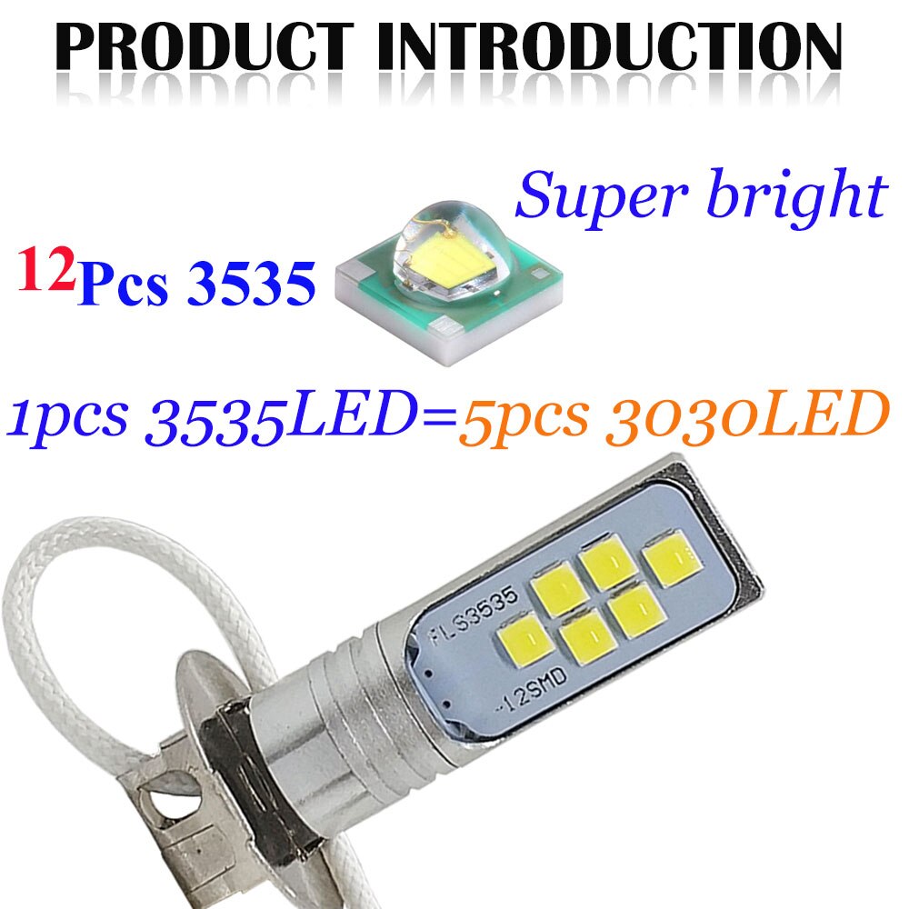 2 stk  h1 led pære super lyse 12 stk 3535 smd bil tågelygter 6500k drl  h3 led dagslampe køredagslampe auto 12v 24v hvid