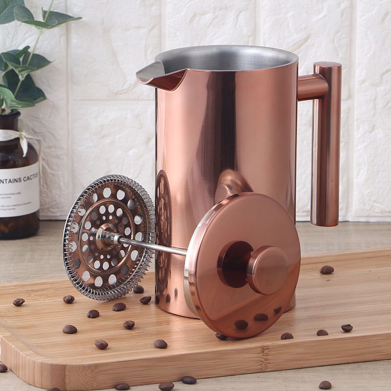 1.5L Franse Pers Koffiezetapparaat Rvs Koffie Percolator Pot Dubbele Muur Enorme Capaciteit Handleiding Koffiekan Koffie Container: Copper 1000ML