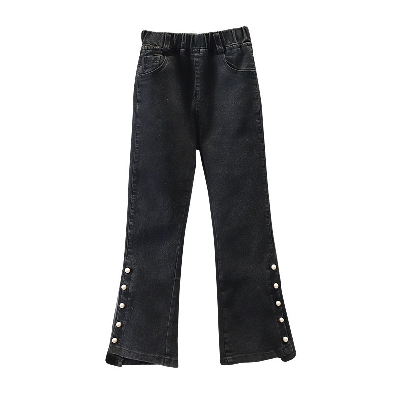 Jeans For Girls Black Boot Cut Pants with Pearl Casual Style Kids Elastic Split Flare Pants Spring Autumn Clothes 6 8 10 12 14Y