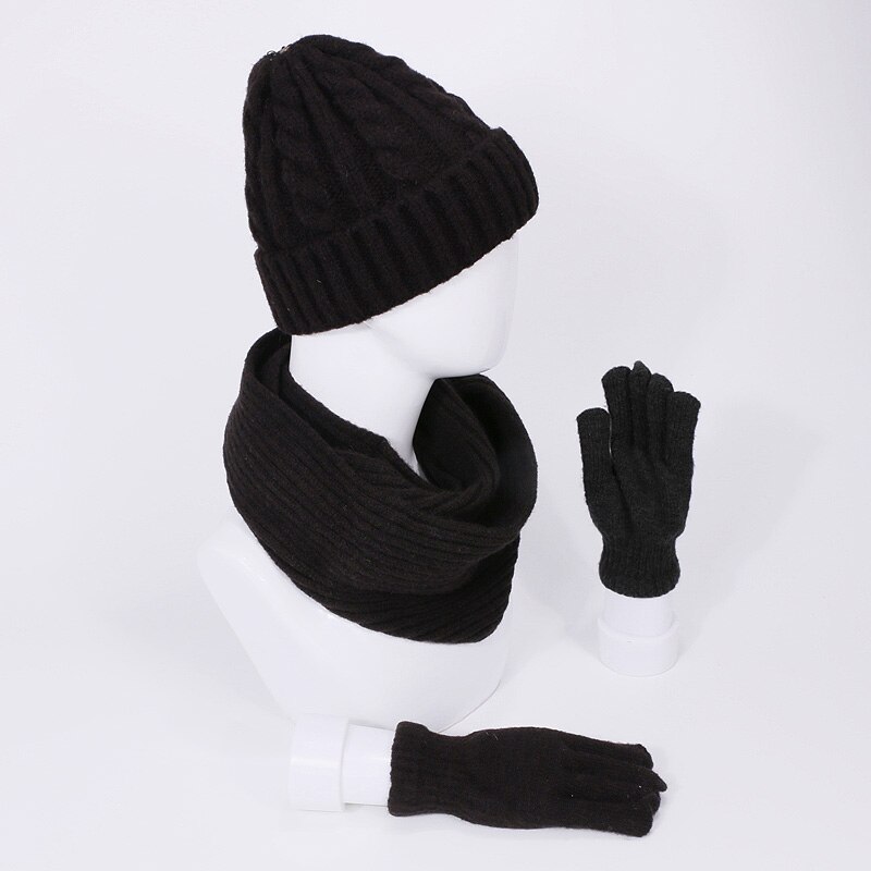 Vinter strikket tørklæde hatte handsker sæt til kvinder mand udendørs varm tyk vindtæt tørklæder skullies beanies hat tredelt sæt: -en