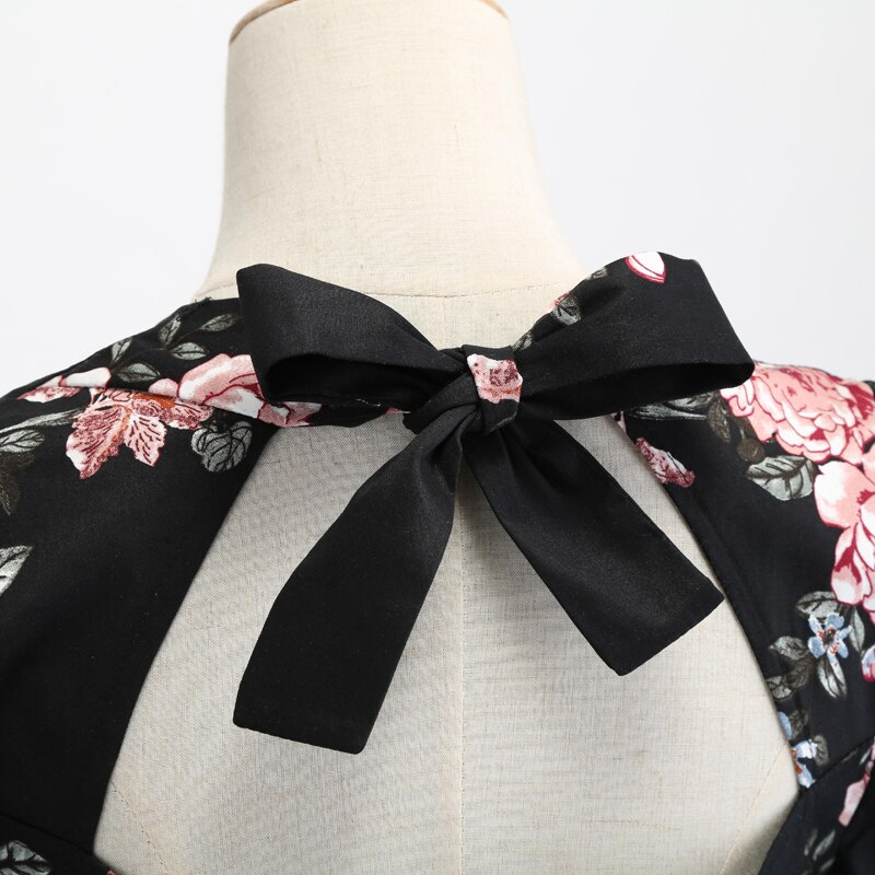 Tonval Plus Size Vrouwen Kleding Vintage 50s Rockabilly Black Midi Jurk 3/4 Lengte Mouw Herfst Dames Elegante Bloemen Jurken