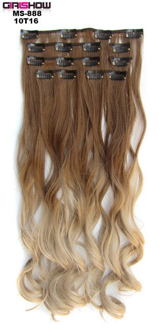 Girlshow Clip in on synthetic Dip dye Hair Extensions 7pcs/set 22" Long wavy Heat resistance fibre ombre Hair MS-888, 90g/set: MS-888 10T16