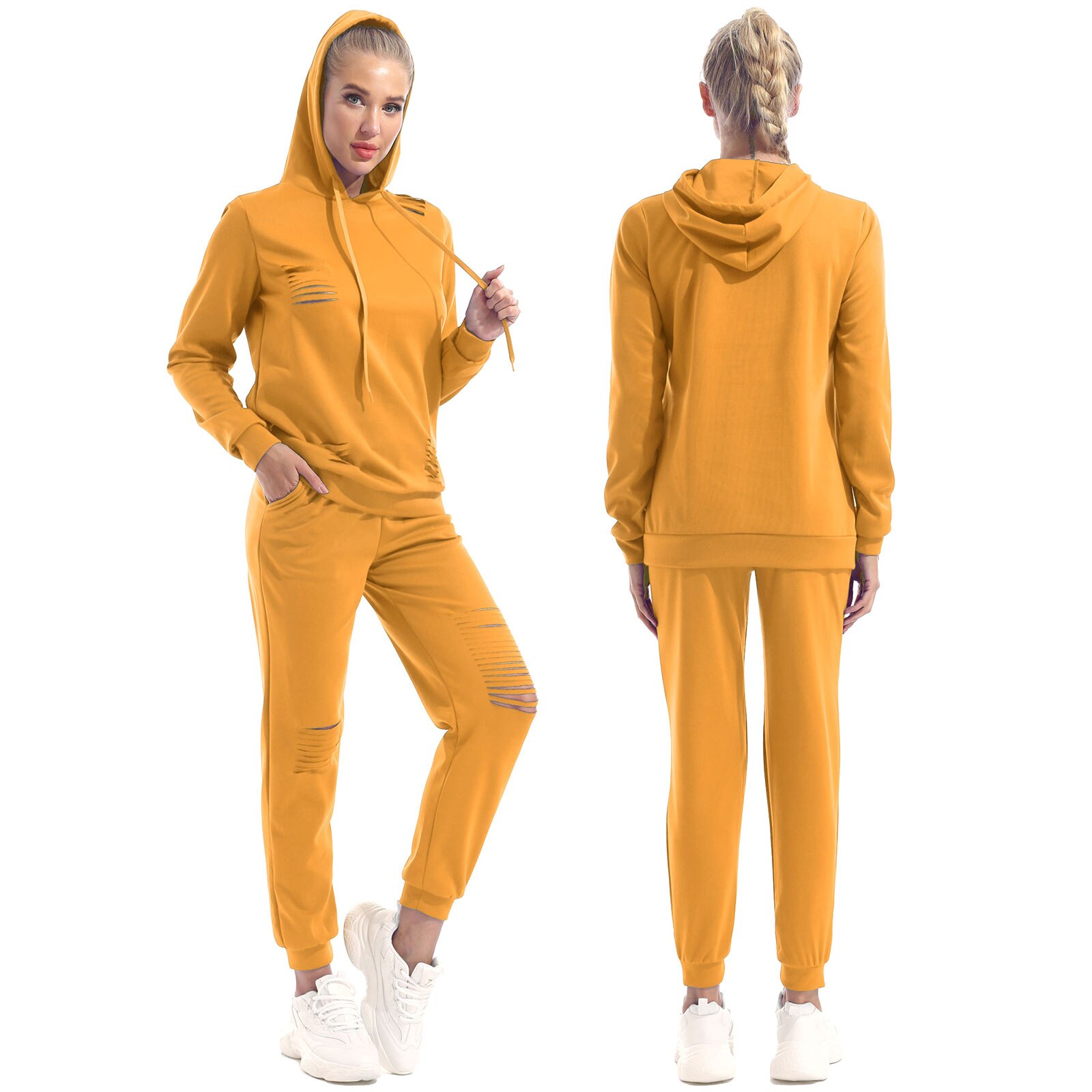Mode Sport Trainingspakken Vrouwen Casual Sportswear Hooded Hoodie Lange Mouw Sweatshirt Top + Broek 2 Stuks Set Voor Running Gym fitness: Yellow / M