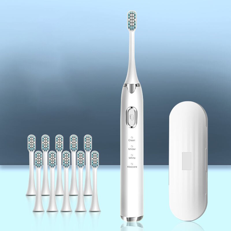 Beauty Electric Toothbrush USB Rechargeable Support 4 Modes 3 Intensions IPX7 Waterproof Adult Toothbrush Automatic Sound Wave: Pearl White 10Bush