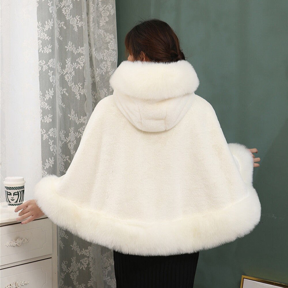 Vrouwen Hood Capes Mantel Winter Dikke Capuchon Bont Sjaal Wit Rood Zwarte Trouwjurk Bruid Bont Cape Poncho Dikker plus Size