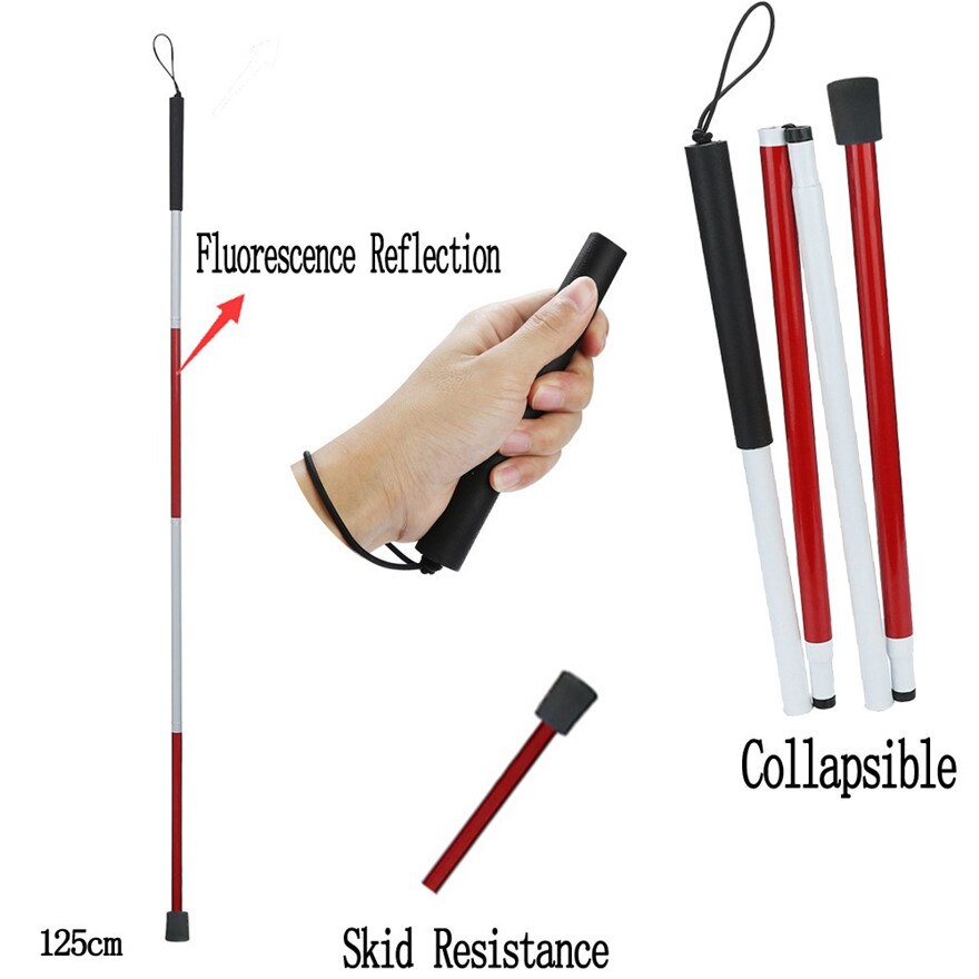 Portable Folding Blind Stick 4 Sections Folding Blind Guide Cane Aluminum Walking Stick Wrist Added security Walking outdoors 6