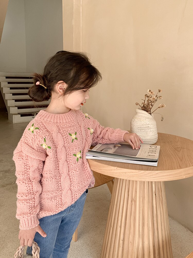 Pull tricoté épais avec broderie florale pour bébé fille, pull mignon de Style coréen pour enfant, hiver: Rose / 18M