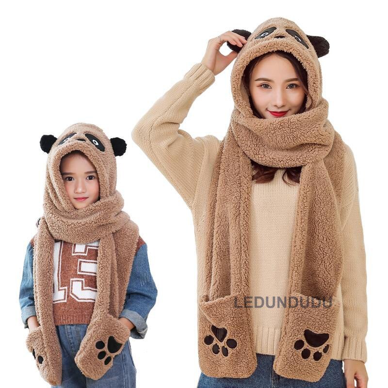 3 in 1 functies dier cartoon koraal fleece sjaal winter mooie panda muts met handschoenen voor kinderen volwassenen kerst