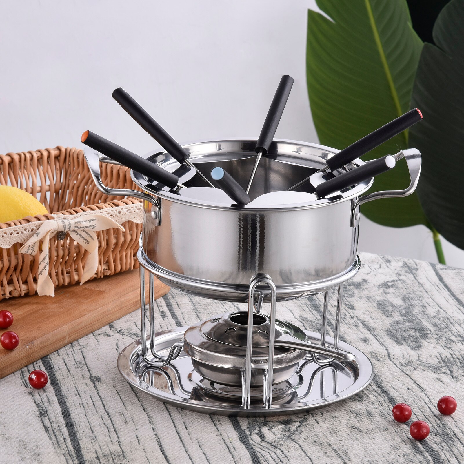 10-Piece Set Multifunctional Stainless Steel Ice Cream Chocolate Cheese Pot Melting Pot Fondue Set Kitchen Tools Accessories
