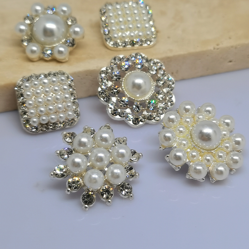 boutons à coudre luxe nacre accessoire couture Boutons de décoration de luxe en perles argentées pour vêtements, boutons de fleurs, ronds et carrés, strass, boutons de pour femmes, couture de robe