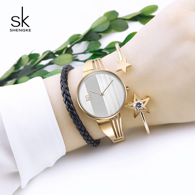 Shengke Mode Vrouwen Horloges Rose Gold Dames Armband Horloges Reloj Mujer SK Quartz Horloges Voor Vrouwen # k0062: Gold bracelet watch