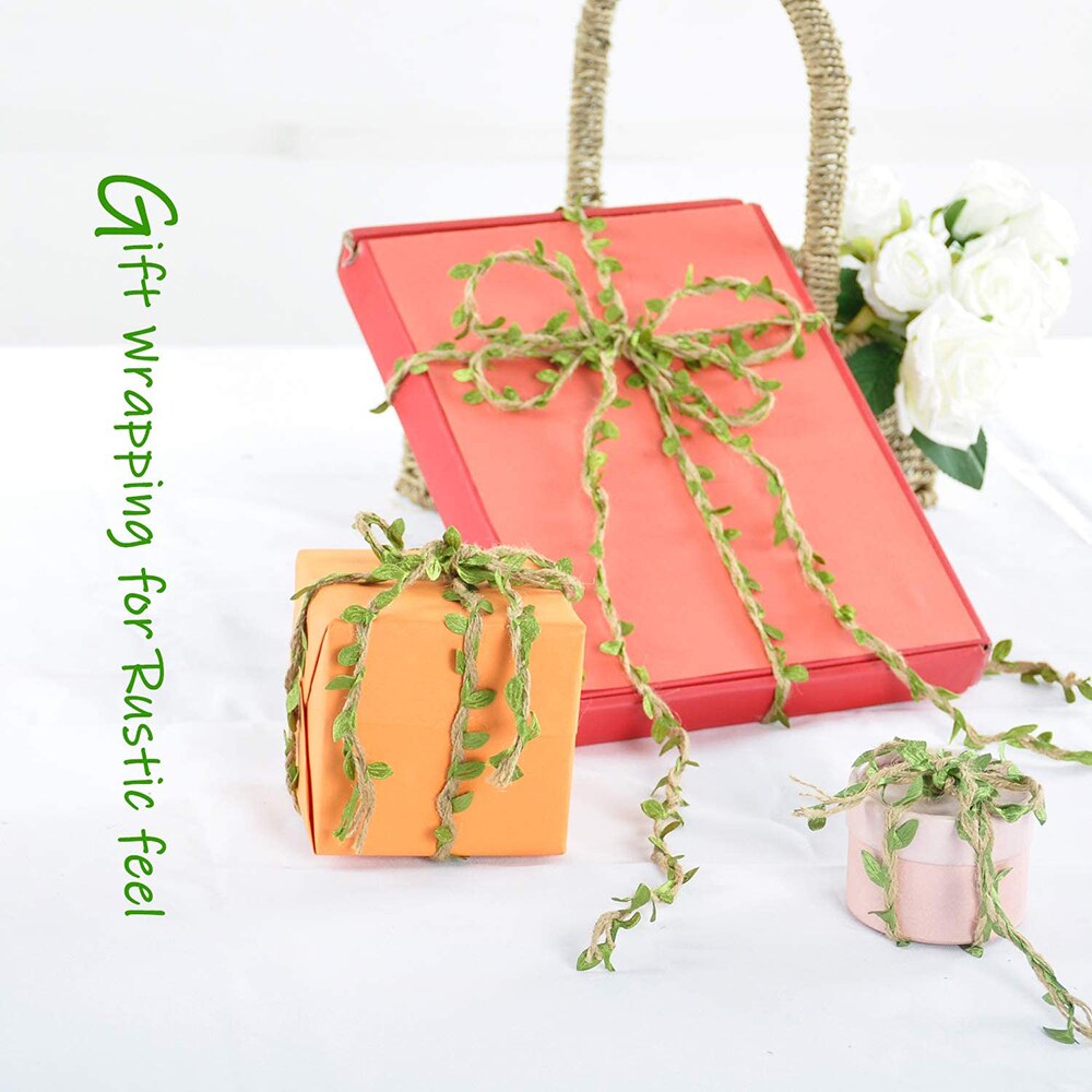 5 meter/lot naturligt jutegarn 5mm säckvävsband med konstgjorda vingröna löv för pysselhantverk bröllopsträdgårdsinredning