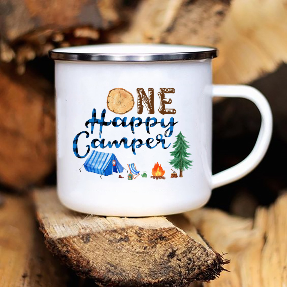 Tazas de Camper con estampado de caravana, taza esmaltada para acampar, aventura, fogata, , cerveza, jugo, tazas con mango de montaña, para Camper: Rojo