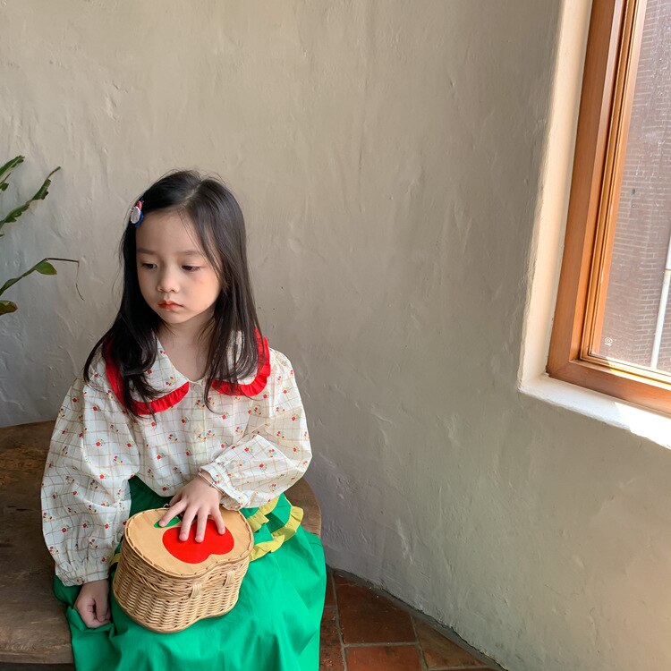 Camicie per ragazze 2021 autunno coreano abbigliamento per bambini piccolo fiore rosso lato Hit colore risvolto maniche lunghe Top