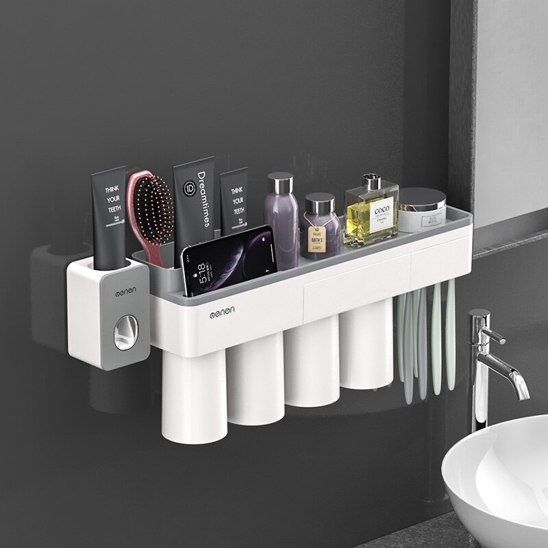 Toothbrush Holder Bathroom Accessories Toothpaste Squeezer Dispenser Storage Shelf Set For Bathroom Magnetic Adsorption With Cup: Gray 4 Cups Sets