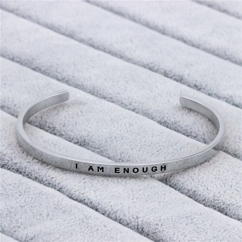 Inspirational Sieraden Ik Ben Genoeg Armbanden Vriendschap Rvs Bangle Angst Stress Armbanden Pulseiras Feminina: silver