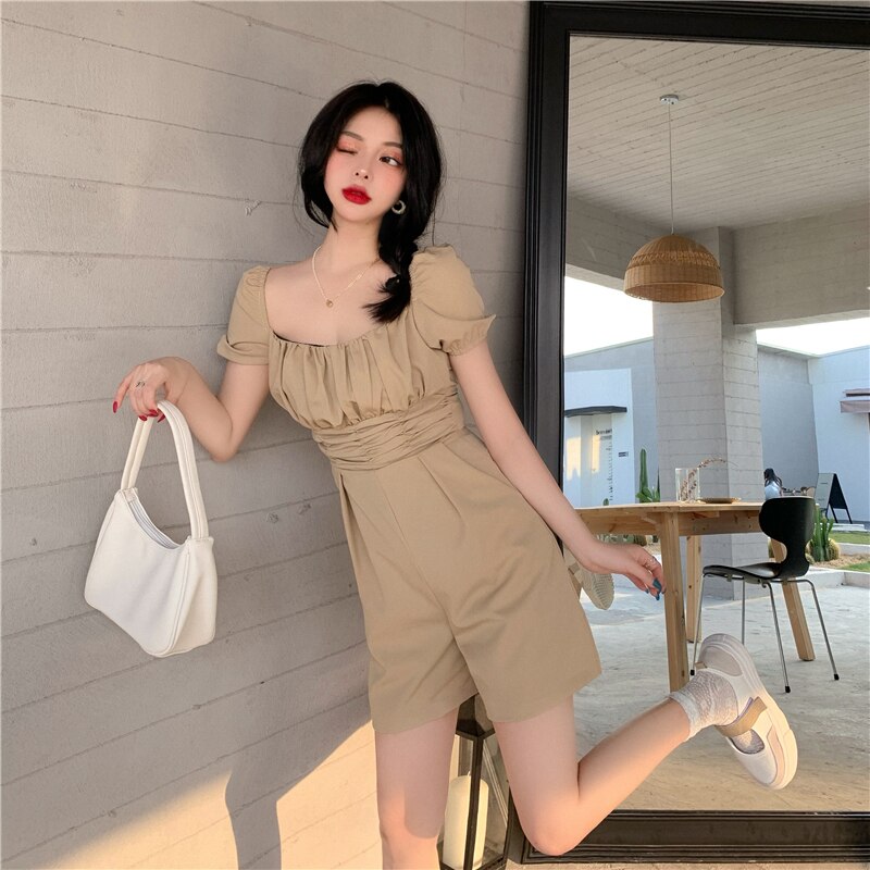 Mono plisado de verano para mujer, manga abombada corta, pantalones cortos de pierna ancha de cintura alta, monos con cuello cuadrado, mono sólido W799: Khaki