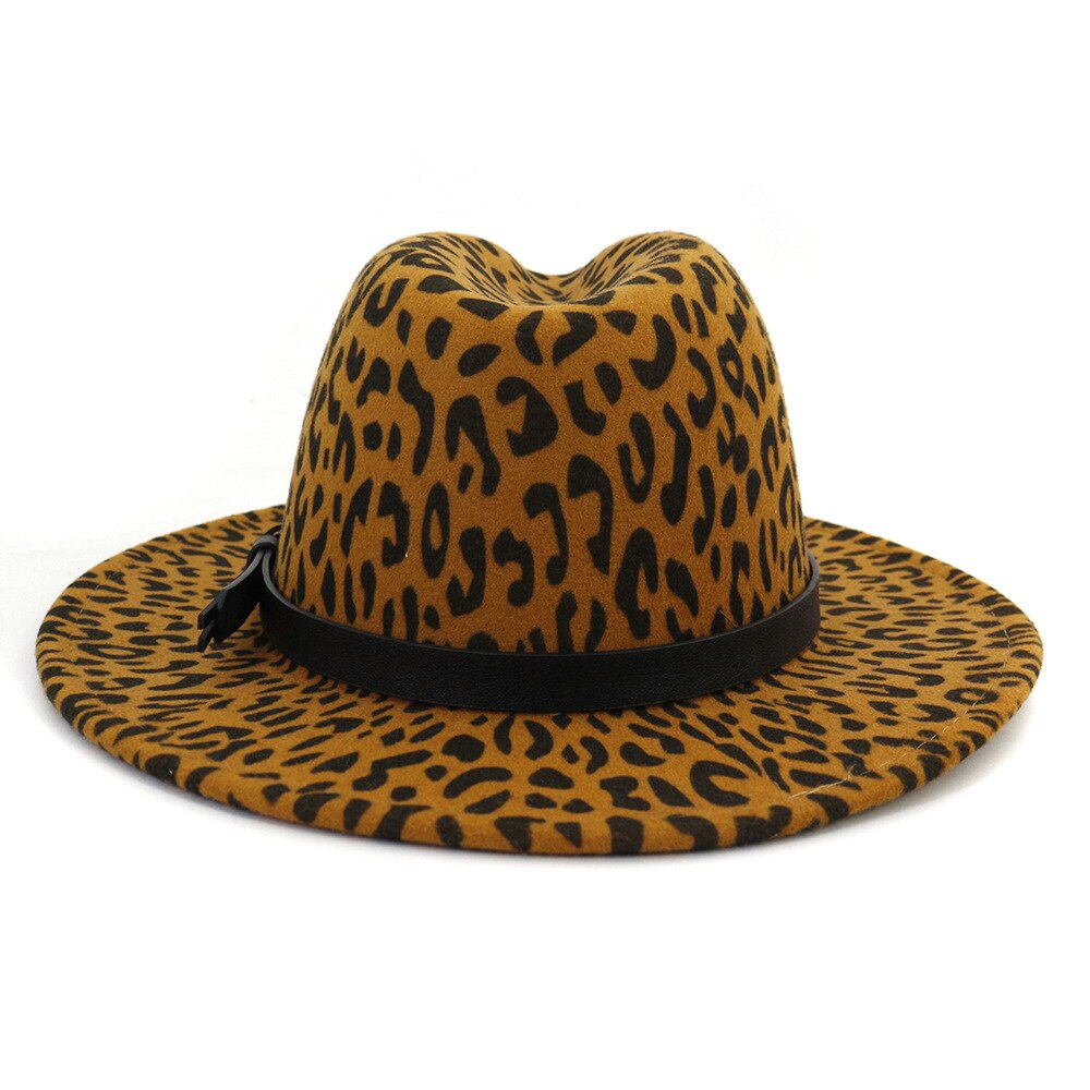 Qbhat unisex europeisk stil dam ull fedorahattar med turkos läder band bred brätte leopardmönstrad jazz filt hatt