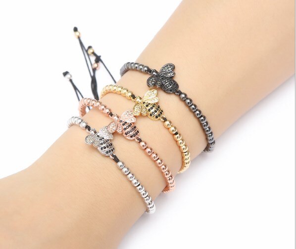 gold silver micro pave cz Cubic Zirconia rope adjusted Copper Beads Bracelet teg2 Bee Charm Braided Bangles Jewelry gift