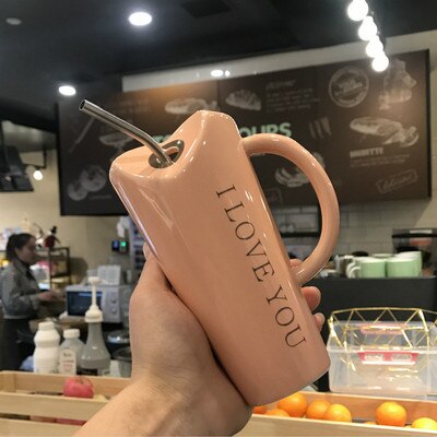 Taza de cerámica para beber OUSSIRRO, creativa, con personalidad minimalista, pajitas a granel, cuchara para hombre y mujer, taza para el hogar para oficina: Rosa