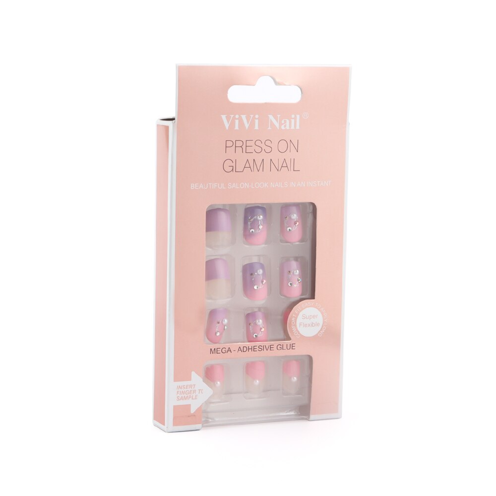 24 Pcs Paars En Roze Kleur Kunstmatige Diamanten Decoratie Kunstnagels Mode Zoete Nep Nagels Met Lijm Stickers