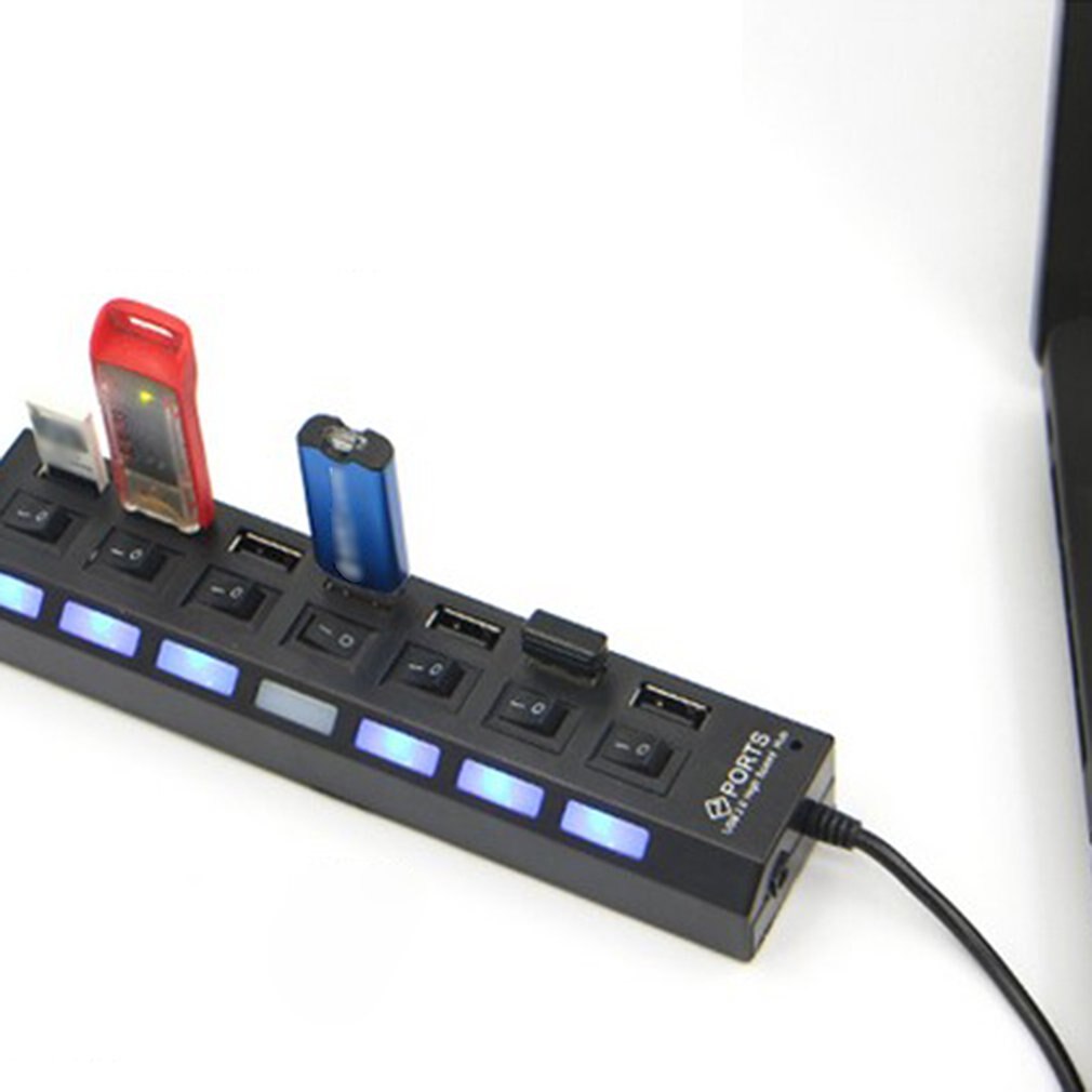 7 Ports LED USB 2.0 Adapter Hub Power on/off Switch For PC Laptop USB 2.0 High-speed USB Hub Computer Accessories