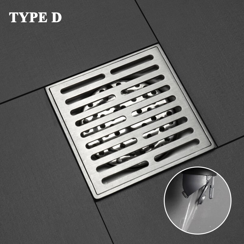Desagüe de suelo de acero inoxidable SUS304 para cocina y baño, rejillas cuadradas duraderas para residuos, desagües de ducha de baño, 10x10 CM: Type D