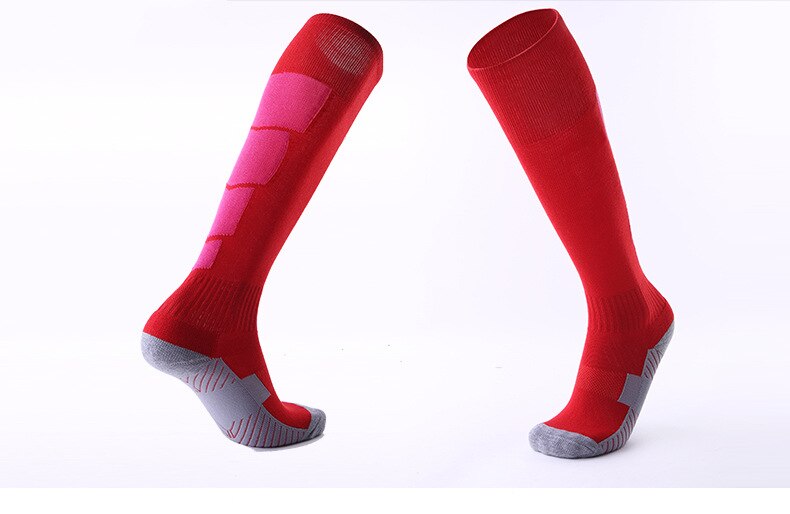 Mænd kvinder sportsfodboldstrømper knæhøjt kompressionshåndklæde slidbestandigt åndbare leggings strømpe fodboldsok: Rød