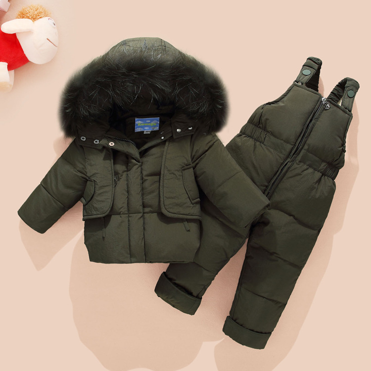 Winter Kinderkleding Set Baby Meisjes Jongens Snowsuits Jas Kids Hooded Kleding Eend Down Jas Bib Broek 2 stks/set overalls: Army Green / 24M