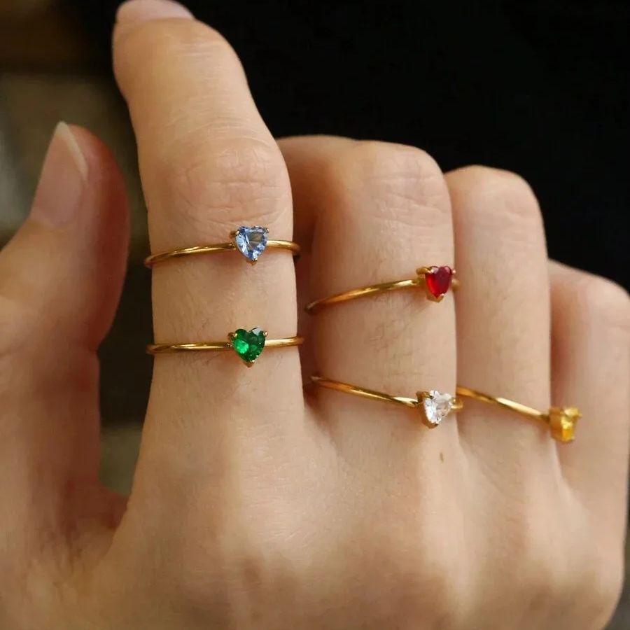 Zirkon hjerte fødselssten ringe til kvinder rustfrit stål guld farve fødselssten ring æstetiske bryllupssmykker