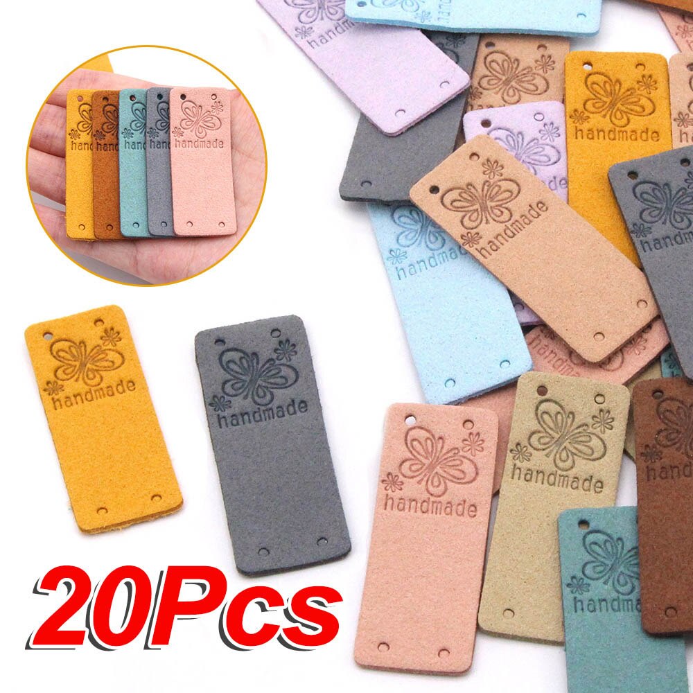 Etichetta fatta a mano farfalla 20 pezzi etichette in pelle per abbigliamento etichette fatte a mano per cucito cappello fai da te accessori per cucire 2x5CM 10 colori