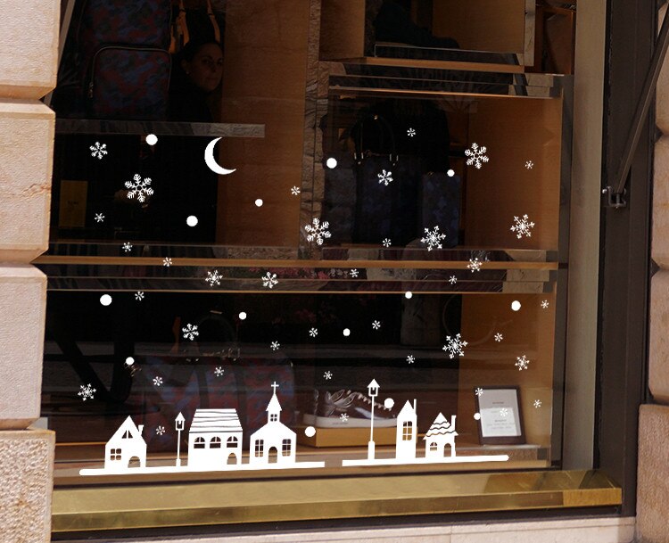 Christmas Night Snow View With Moon Snowflakes Town Decoration Shop Glass Window Wall Stickers Wallpaper Home Decals Ornament