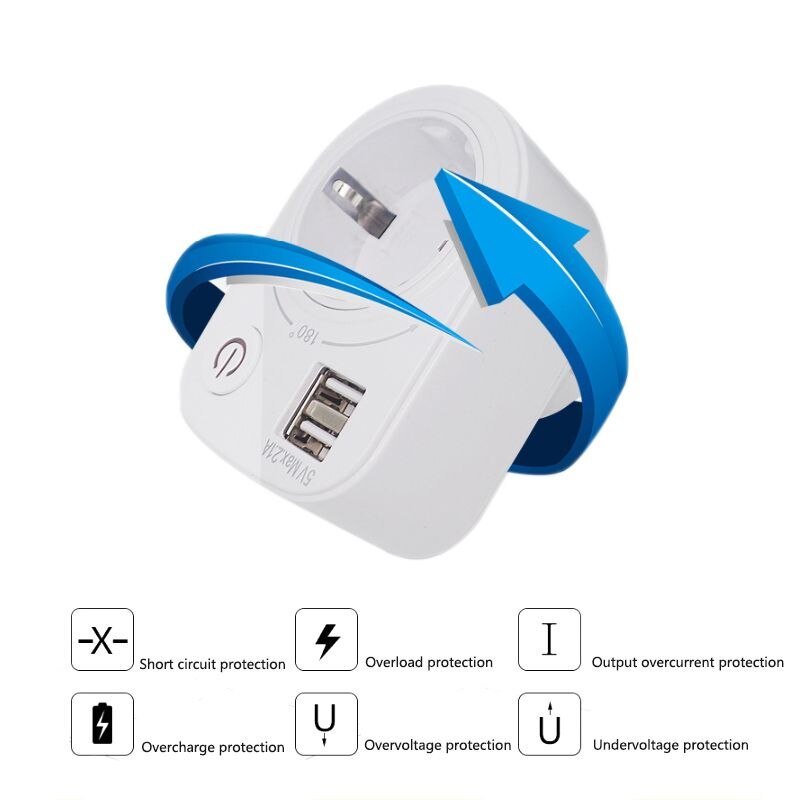 5V 2.1A Dual USB Intelligent Charger Adapter Plug Socket 180 Degree Rotating Charging Power Switch Outlet Multifunction Home Tra