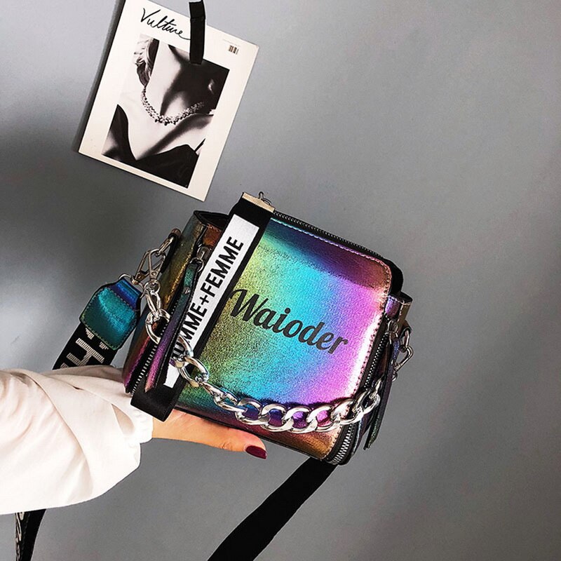 Women Chain PU Single Shoulder Bag Letter Printing Messenger Beach Bag: color