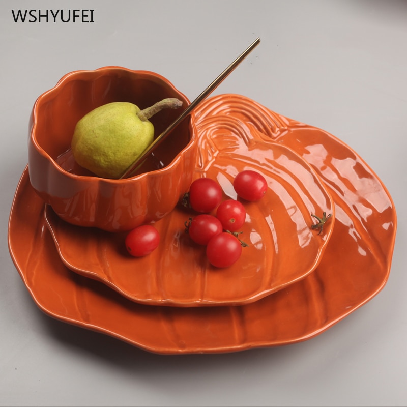 1Pcs ceramic plate Halloween party picnic supplies irregular pumpkin shape steak salad dessert cake storage tray