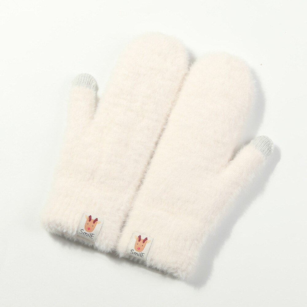Guantes de punto para mujer, manoplas de felpa con pantalla táctil a prueba de viento, de terciopelo grueso y cálido, de Color puro, para invierno y Navidad: White