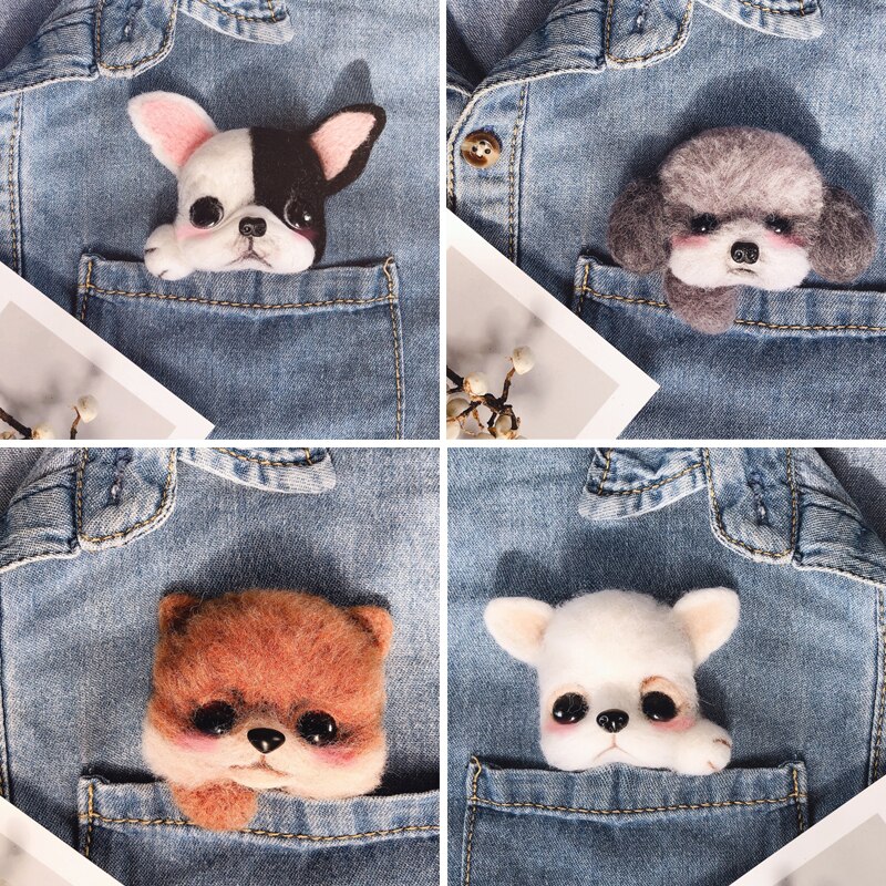 Broche de cabeza de perro hecho a mano para mujer, hecho a mano, de lana, fieltro, hecho a mano, juguete de DIY para muñecas, fieltro de lana