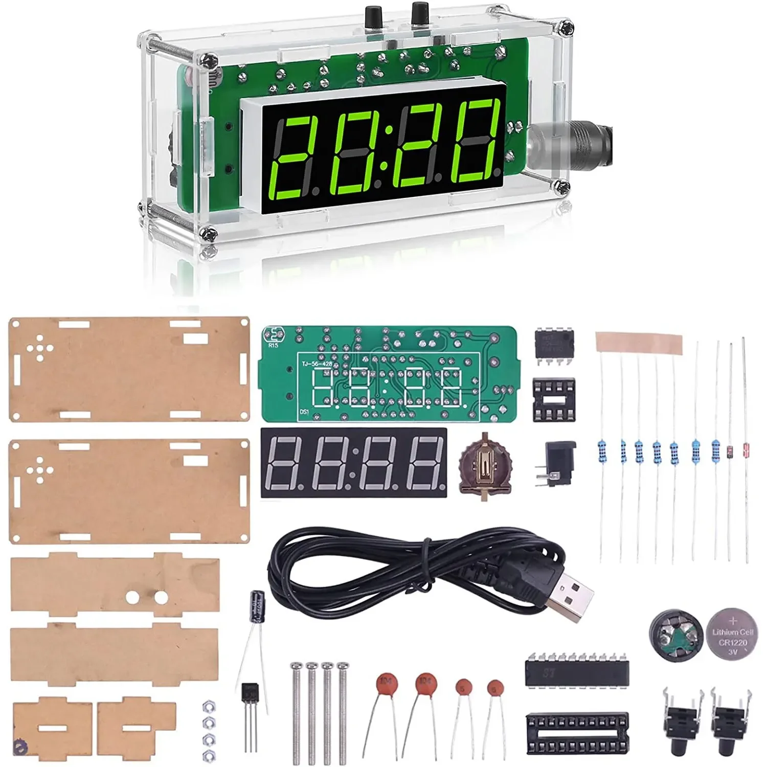 Multifunction 4-Digit Digital DIY Clock Kits with Acrylic Shell, DIY Alarm Clock Soldering Practice Kit for Learning Electronics