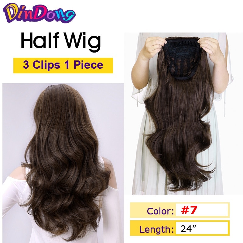 Dindong 24 "Wave 3/4 Dames Half Pruik Haar Synthetische Pruiken Met Kam Op Een Mesh Head Cap Clip In haarverlenging