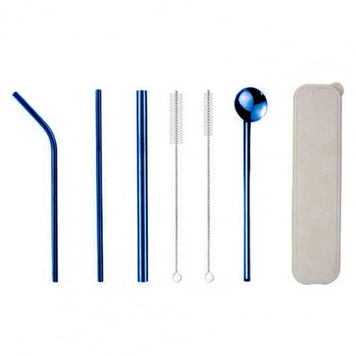 7Pcs/Set Dinnerware Set Reusable Stainless Steel Straws Spoon Drinking Flatware with Cleaning Brush Storage Box Cutlery Set: Blue