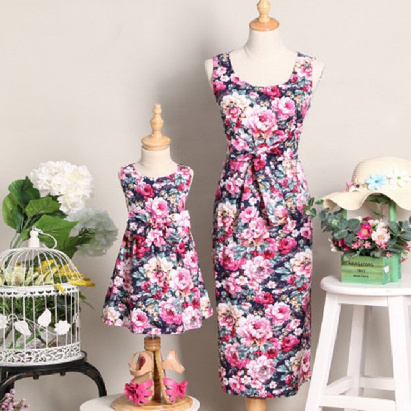 PPXX Summer Floral Girl Women Dress Mother Daughter Family Matching Formal Party Wedding Dress Clothing Family Look Rose