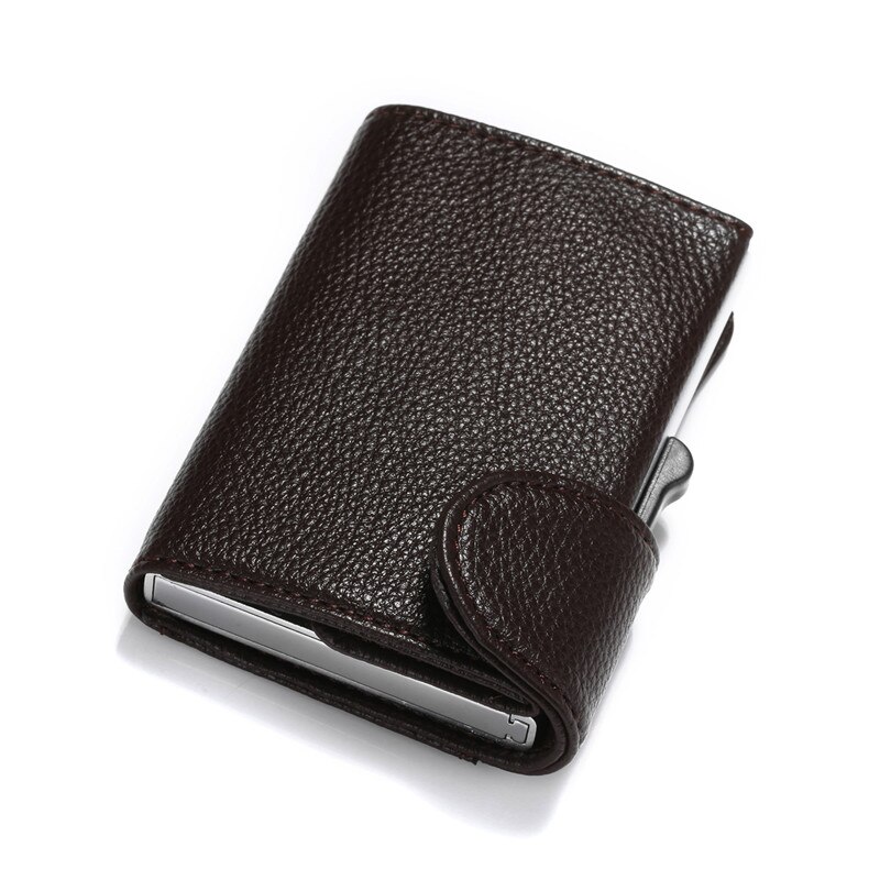 BISI GORO Metal RFID Credit Card Holder Single Aluminum Box Card Wallet PU Leather Soft Men and Women Pop Up Wallet: BSD03 Coffee