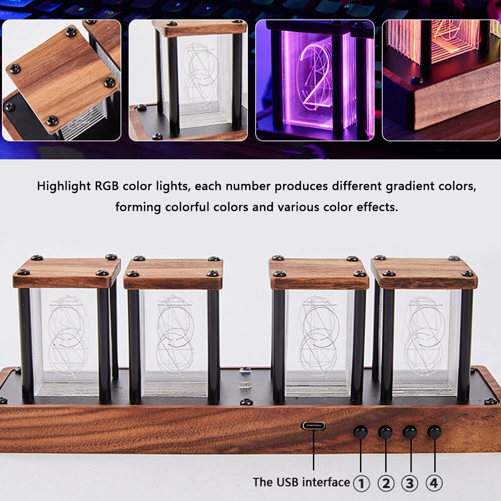 Table RGB Glow Tube Clock Walnut Wood Base Highlight LED Electronic Digital Alarm Clocks Timer 12 24 Hours Time System