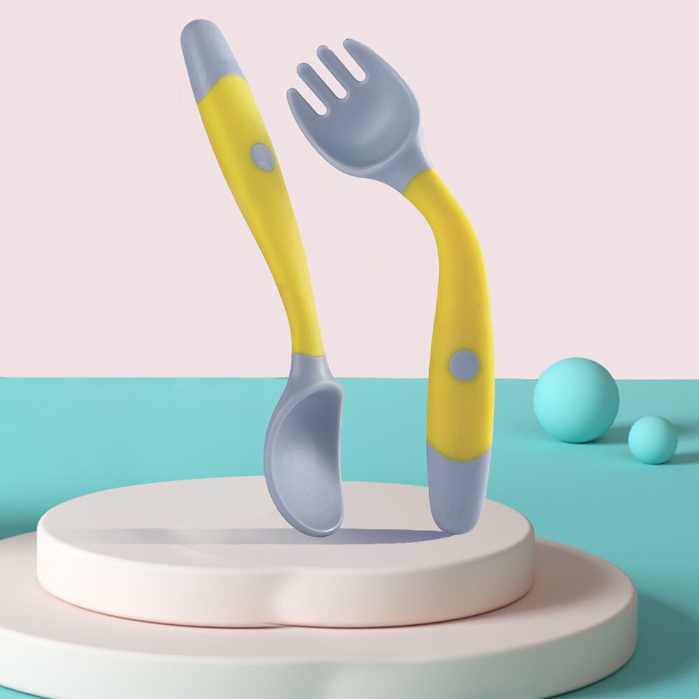 2Pcs Baby Silicone Spoon Toddler Training Bendable Soft Spoons Table Forks Auxiliary Food Utensils Children Tableware Set: Yellow 2pcs