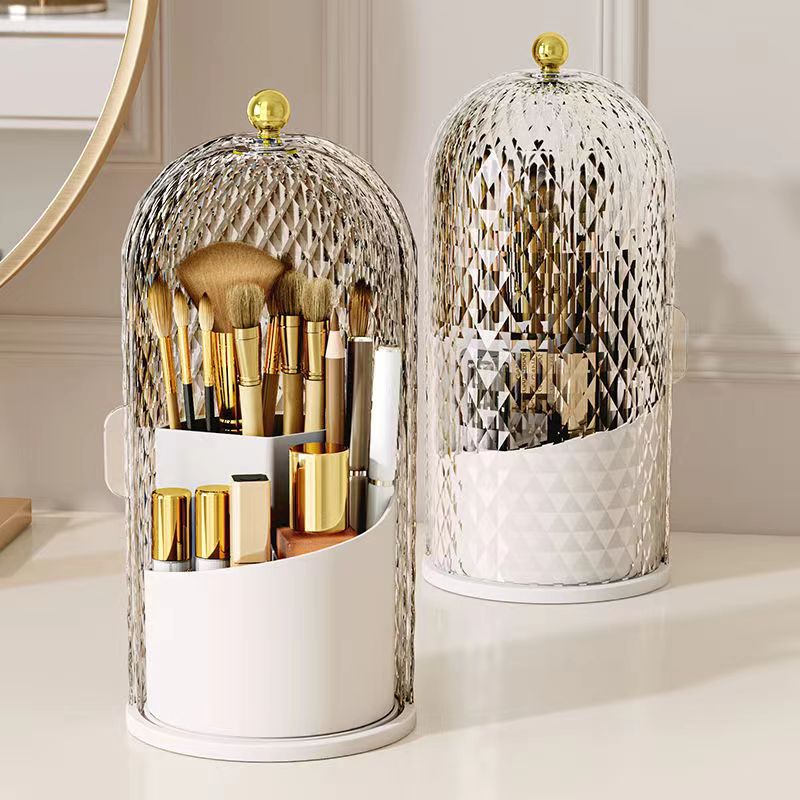 Porta brochas de maquillaje con tapa Diamond Birdcage 360 ° Organizador de maquillaje giratorio, caja de almacenamiento de cosméticos a prueba de polvo, contenedor de lápiz labial