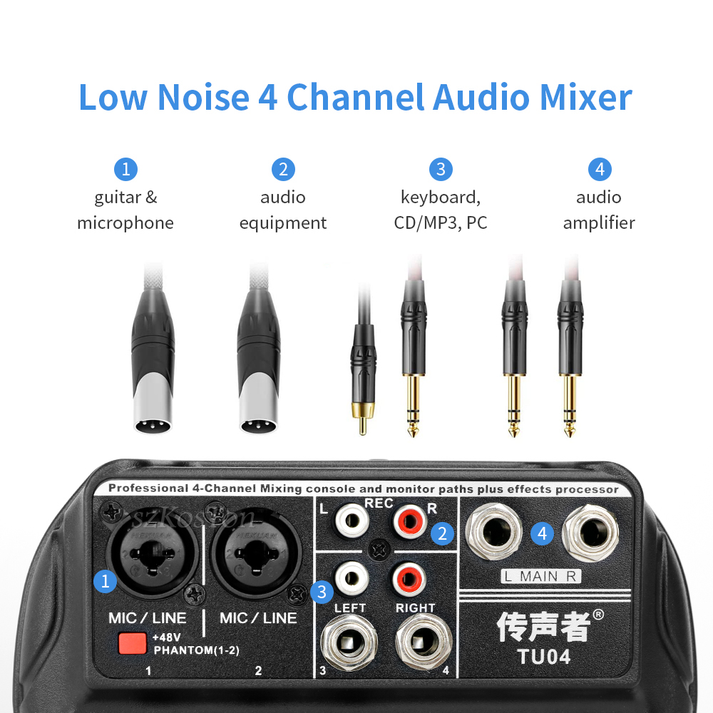 Studio professionale registrazione Console di missaggio Audio 4 canali Mixer Audio scheda Audio USB interfaccia Audio Mic 48V Phantom Power