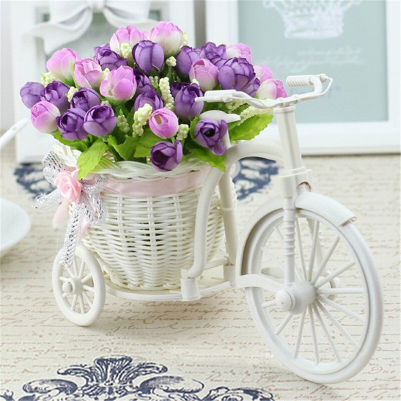 Rotting cykel vas med siden blommor färgglada mini ros blomma bukett tusensköna konstgjorda blommor för hem bröllop dekoration: A10