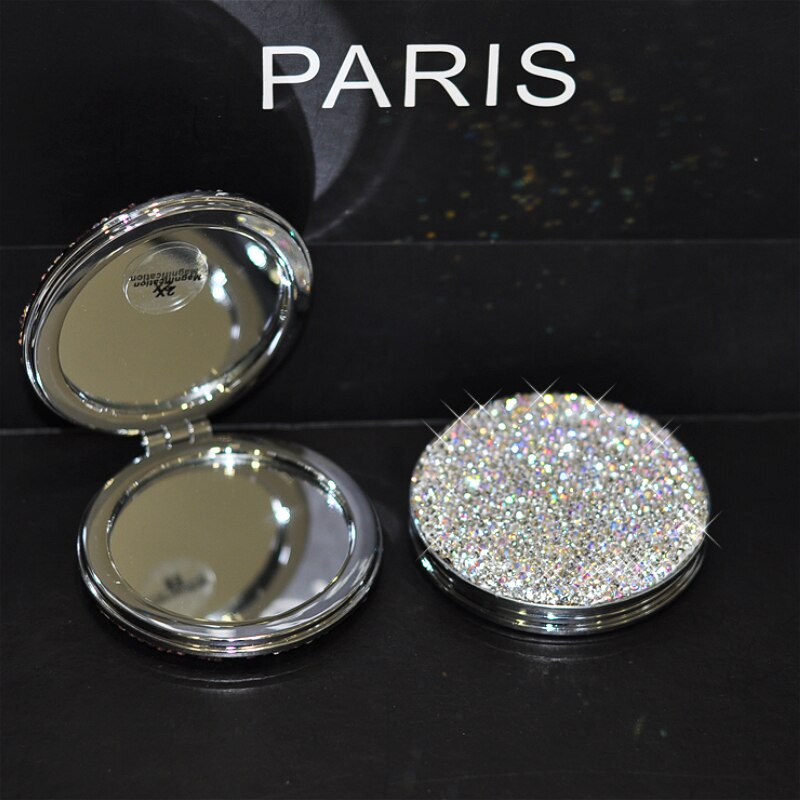 Strass incrustés créatifs petit rabat de miroir de vanité rond pliant Mini miroir de poche de Kawaii miroirs de maquillage: White / Double side bling